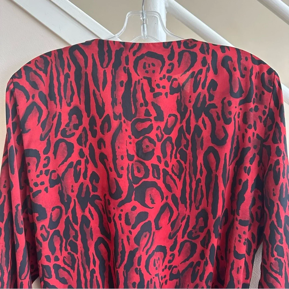 NWT Zara Animal Print Deep V Plunge Draped Wrap Long Sleeve Bodysuit Red Black L - Picture 10 of 16